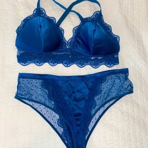 Blue satin/lace matching set